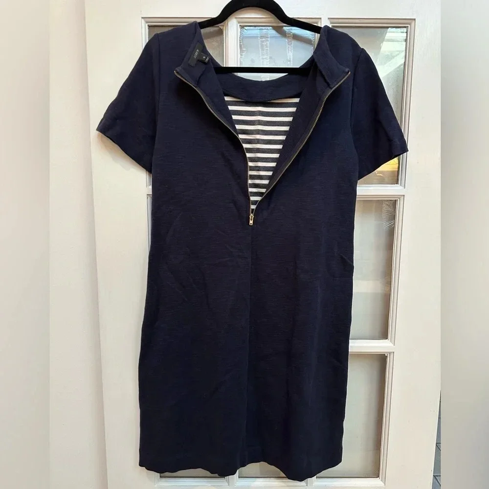 J. Crew | Navy Blue Ivory Texture Striped Cotton Shift Dress Women’s Size 10